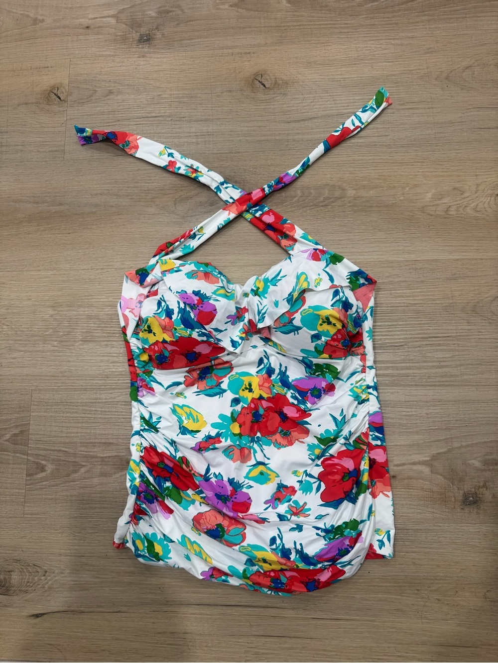 Floral Halter One-Piece Swimsuit - White with Multi-Color Flowers